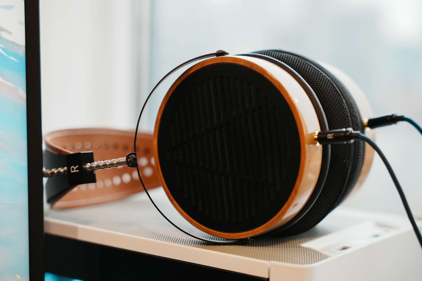 Finished open-back headphones with walnut wood cups