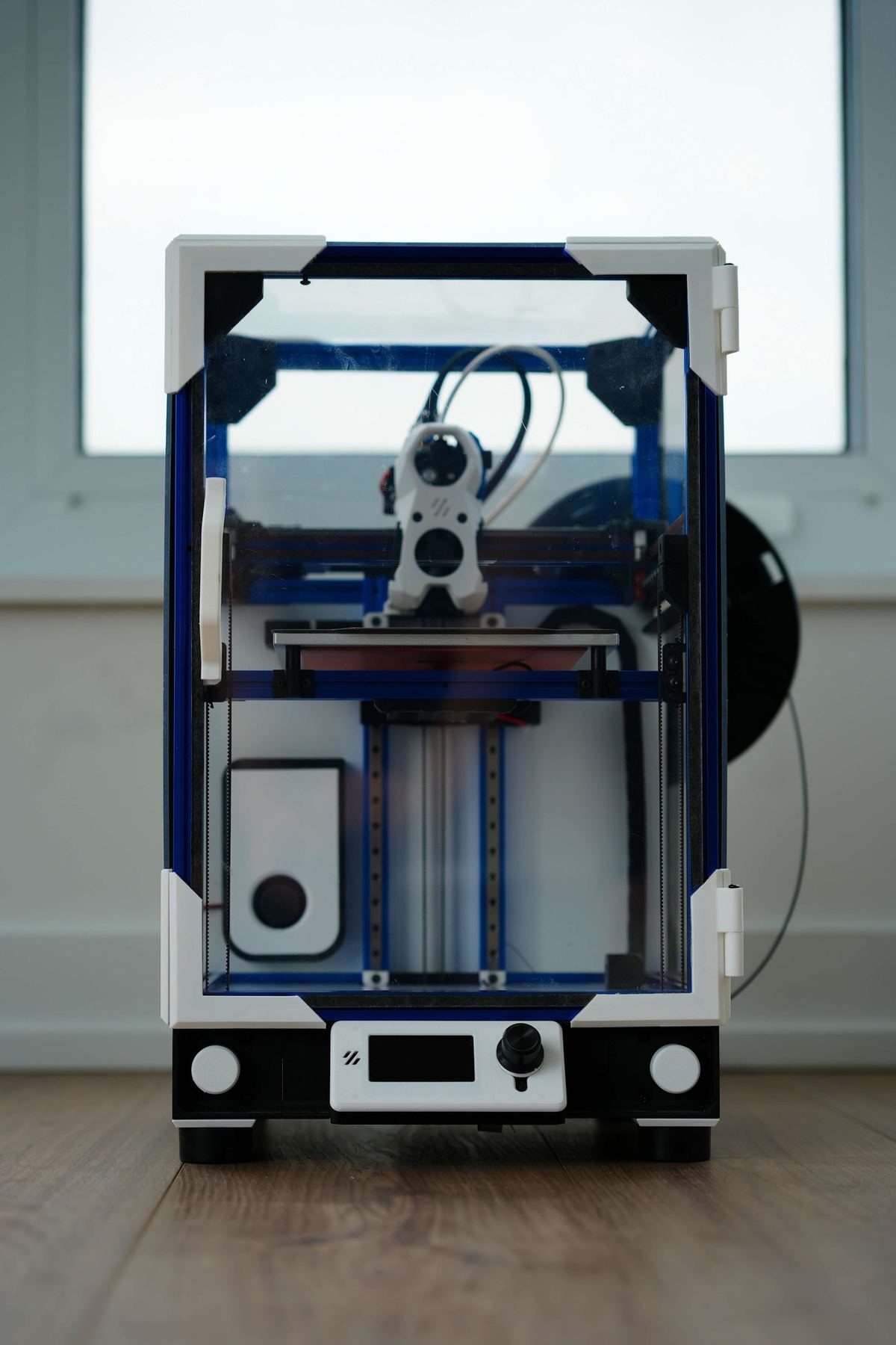 Front view of the completed enclosed 3D printer
